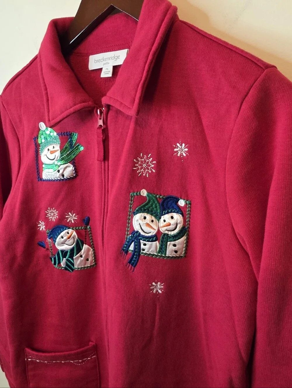 Vintage Breckenridge Christmas Snowmen Fleece Jacket Red Zip Size Petite Large